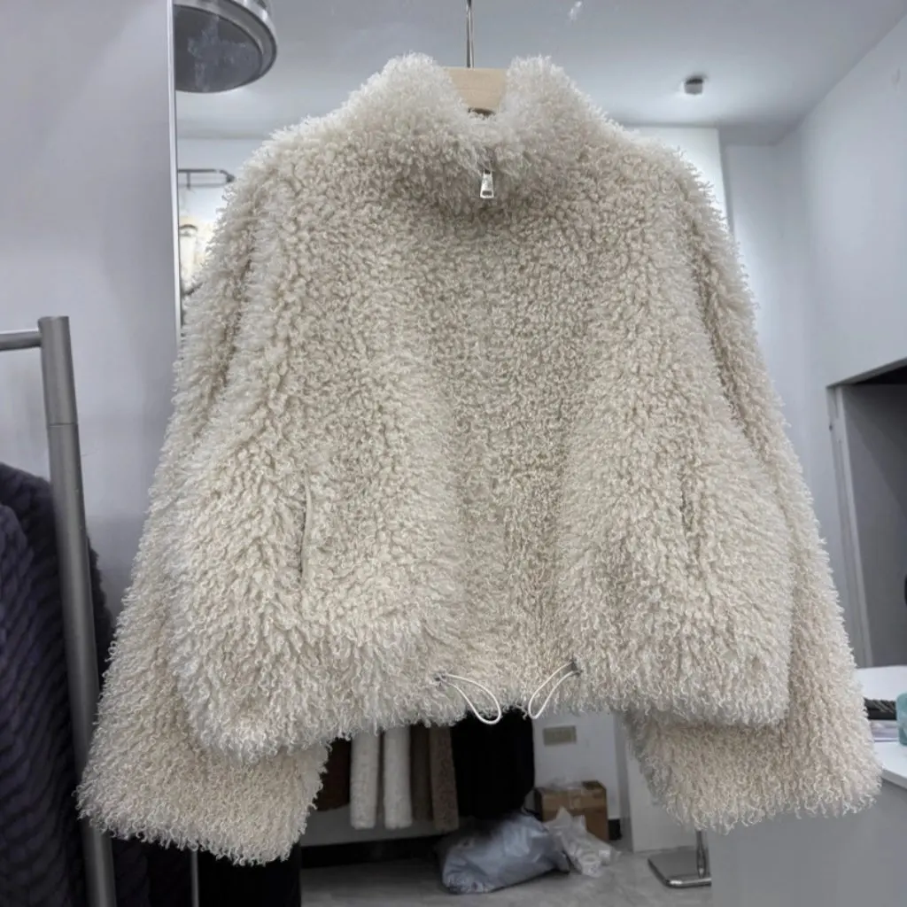 

Fall Winter New Style Simple Simulation Wool Women's Short Quilted Coat Stand Collar One-Piece Fur Elegant Fashionable