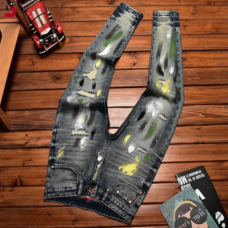 

High-End Retro Tattered Jeans Jeans Men's Autumn and Winter Paint Printing Stretch Slim-Fitting Ankle-Tied Denim Long Pants