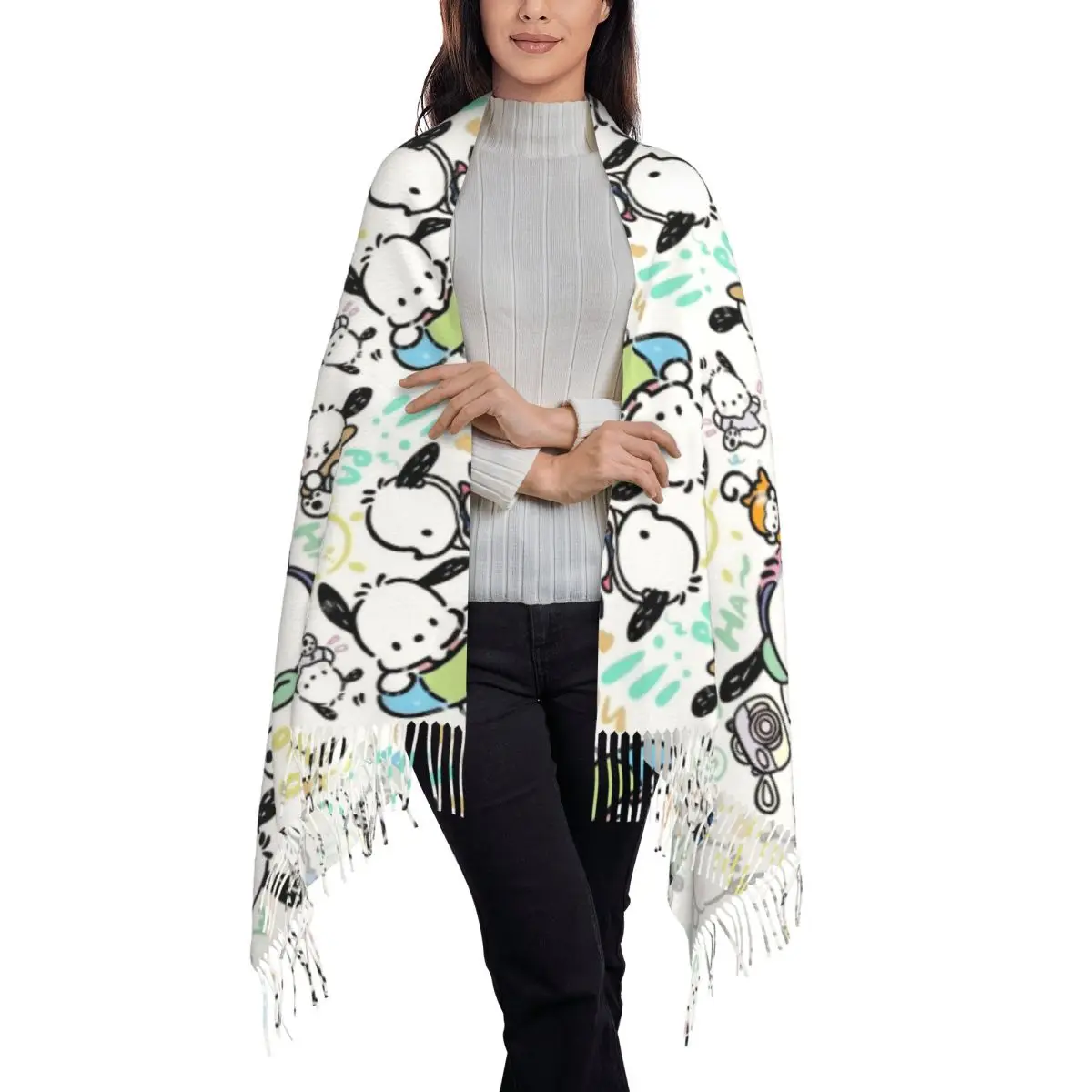 Custom Animes Pochacco Tassel Scarf Women Winter Fall Warm Shawls Wraps Female Kawaii Scarves