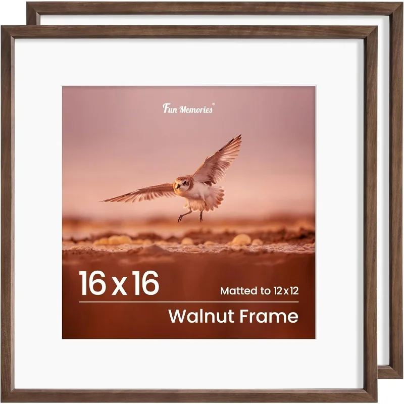 16x16 Picture Frame, Solid Walnut Wood Square Frame with Tempered Glass, 16 x 16 Picture Frame Matted to 8.5x11 Photos