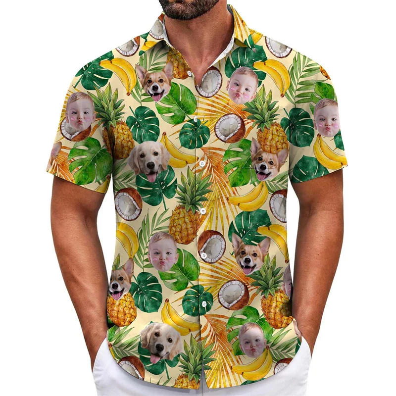 

Coconut Pineapple Flowers Tropical Style Men's Shirt Funny Face Custom Photo Hawaii Shirt Loose Casual Lapel Short Sleeve Blouse