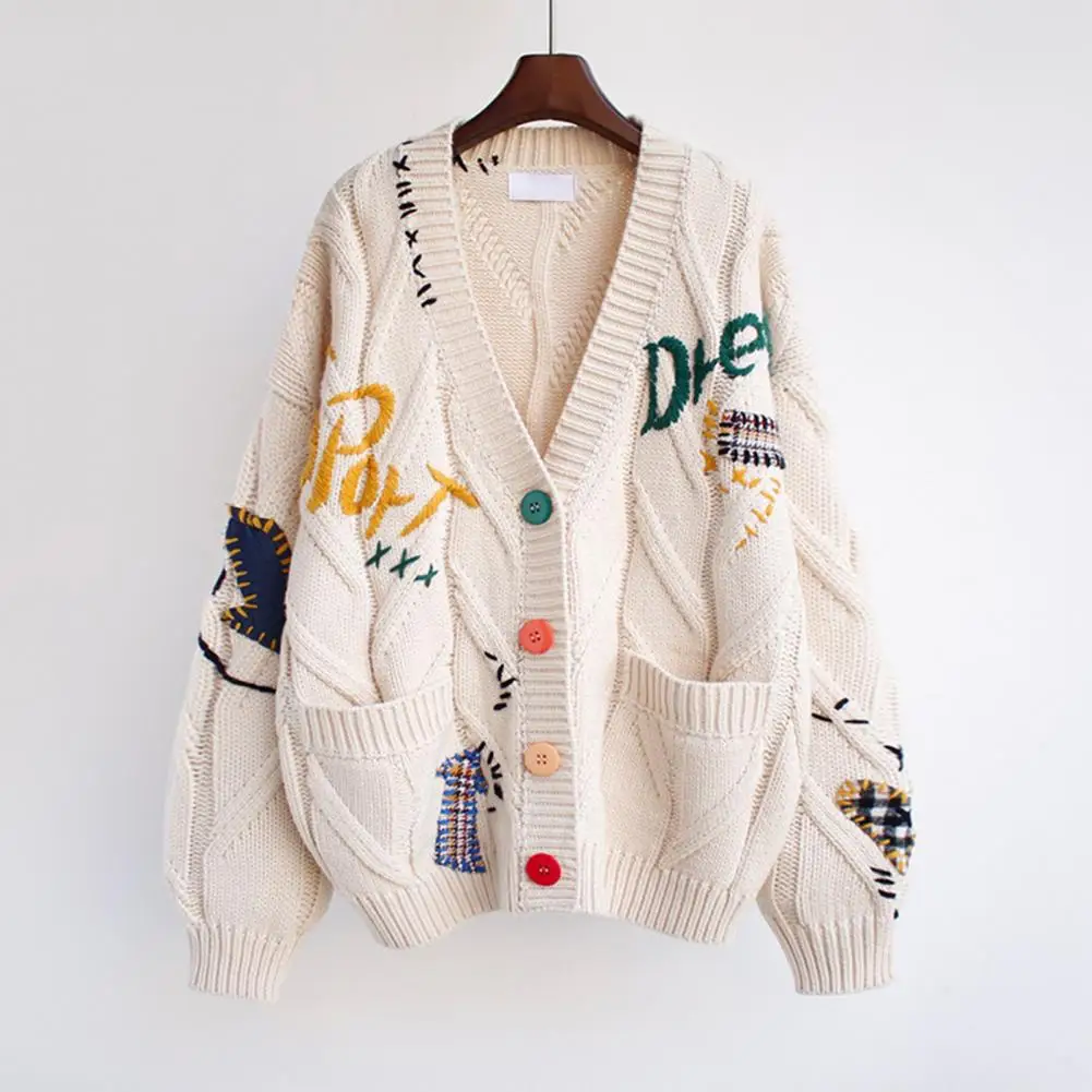 Fashion Knitted Coat Long Sleeves Breathable Autumn Winter Embroidery Letter Pattern Buttons Placket Sweater Cardigan