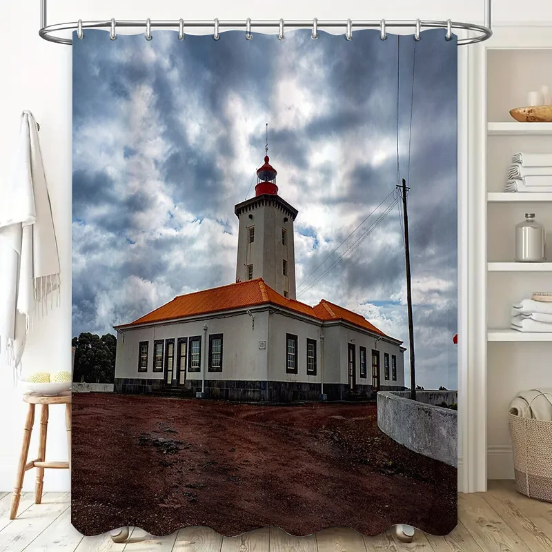 Coastal Lighthouse Shower Curtain Vintage Nautical Ocean Beach Decor Bathroom Set Waterproof Scenic Backdrop