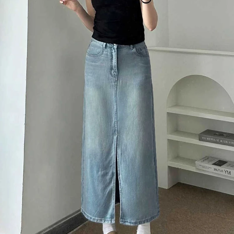 S-3xl Gonne di jeans Donna Estate Sottile a vita alta con spacco di media lunghezza A-line Wrap Fianchi Gonna Elegante femminile Jean Gonne Street Wear