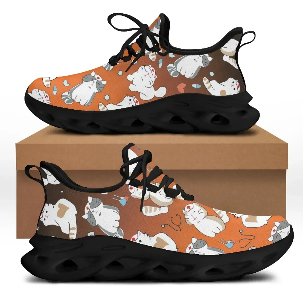 

Custom Cute Cat and Medical Tools Cartoon Female Flat Shoes ECG Cats With Mask Printed Women Mesh Sneakers Free Athletic Shoes