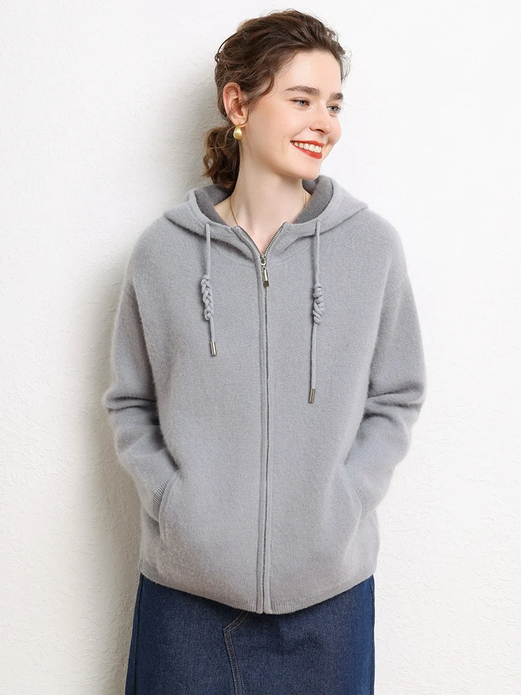 

TLOML новый женский 100% кашемировый свитер с капюшоном на молнии толстый кардиган кашемировый осенне-зимний мягкий повседневный стильный топ с длинными рукавами