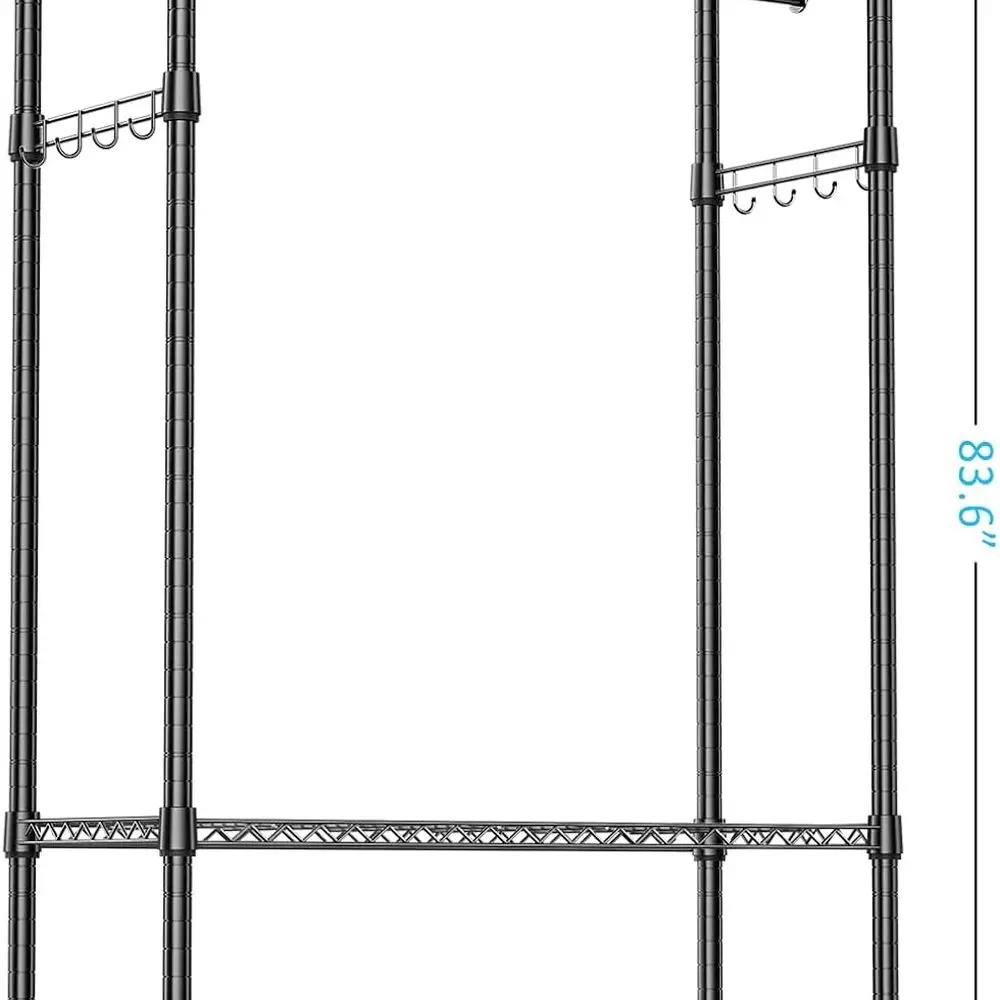 Extra Large Mobile Garment Rack with 3 Shelves, 2 Rods & Side Hooks, 47.2x17.7x83.6, Black
