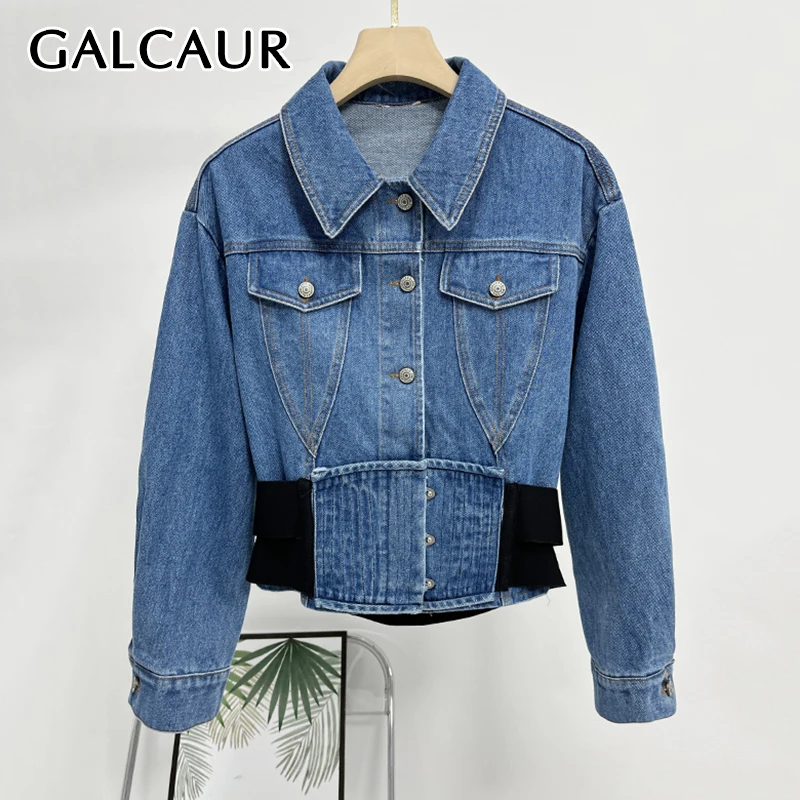 

GALCAUR однотонные утягивающие джинсовые куртки для женщин с лацканами и длинными рукавами в стиле пэчворк, однобортное модное пальто, стильная женская одежда