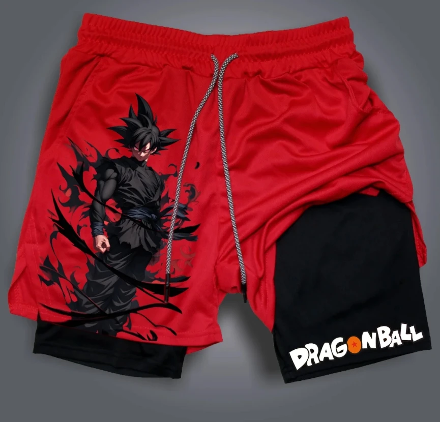 Shorts esportivos com tema Dragon Ball – duas peças, cordão elástico, bolso para moedas, alça para toalha, bolsos inclinados, forro reforçado