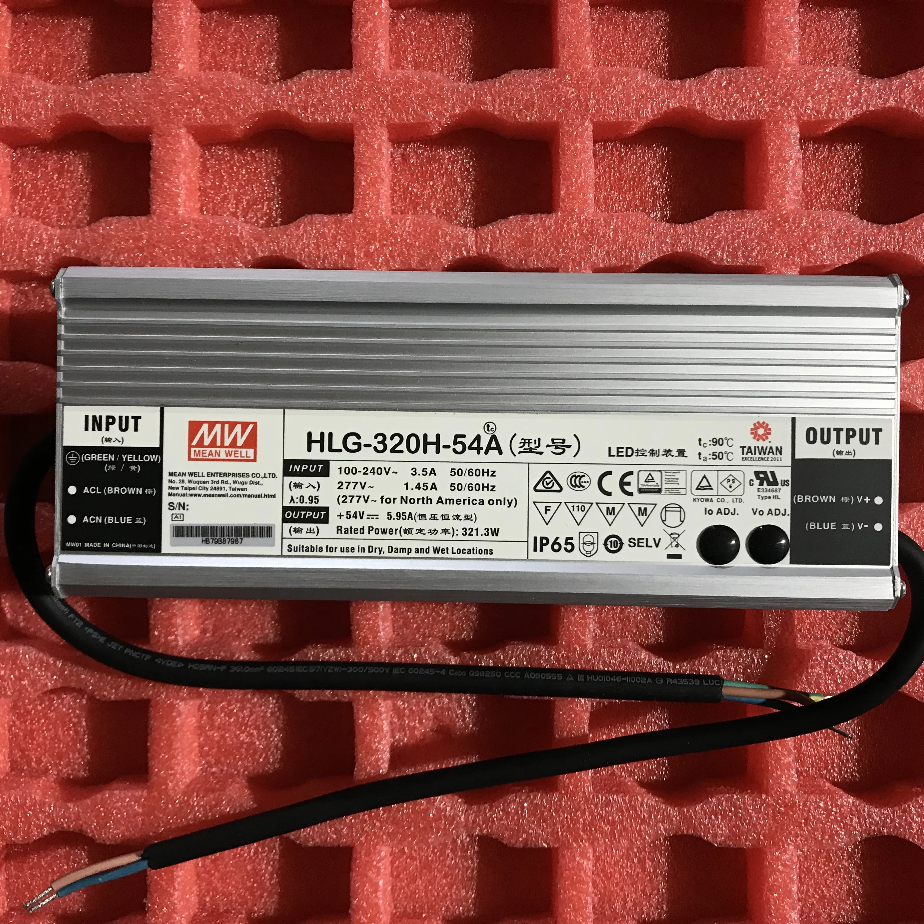 Taiwan Mingwei Waterproof PFC Constant Current Adjustable LED Power Supply HLG-320H-54A 320W 54V 5.95A