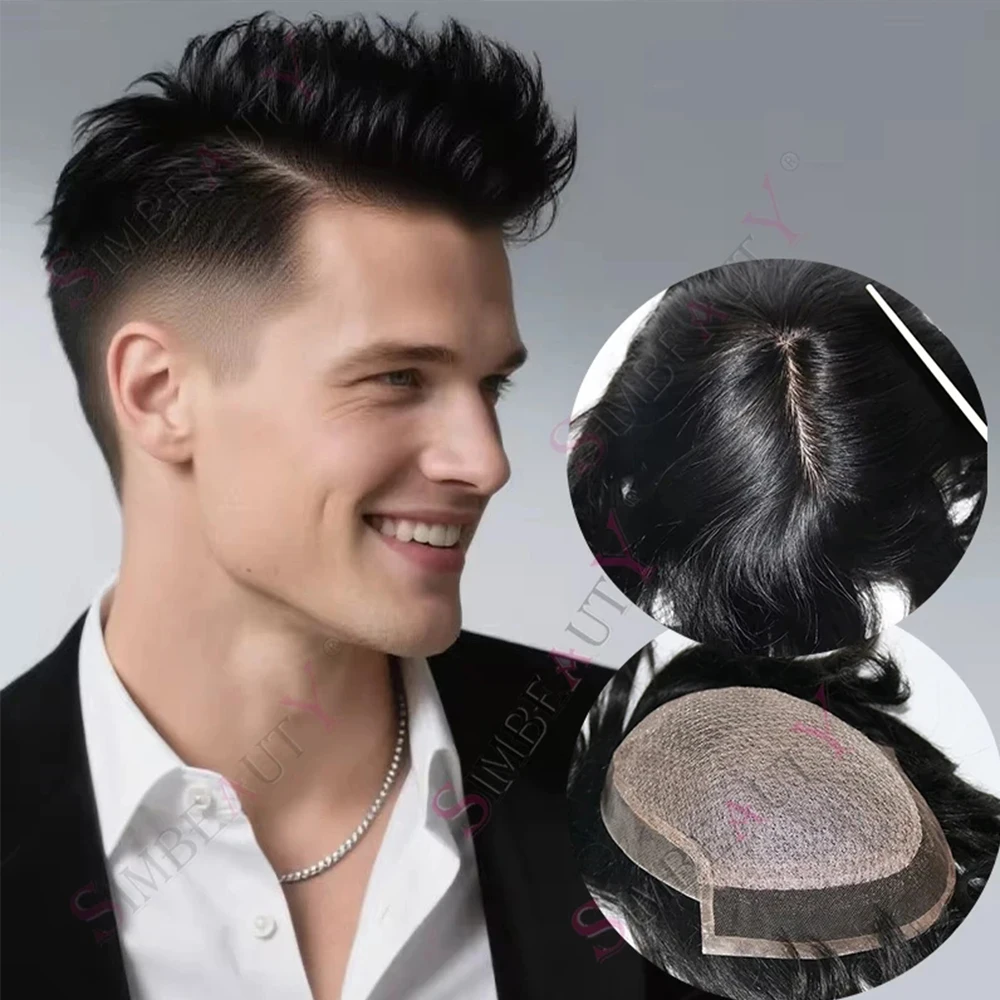

Undetectable Men's Silk Top Lace Front Base Natural Hairline Breathable Toupee Wig Black 100% Virgin Human Hair Prosthesi System
