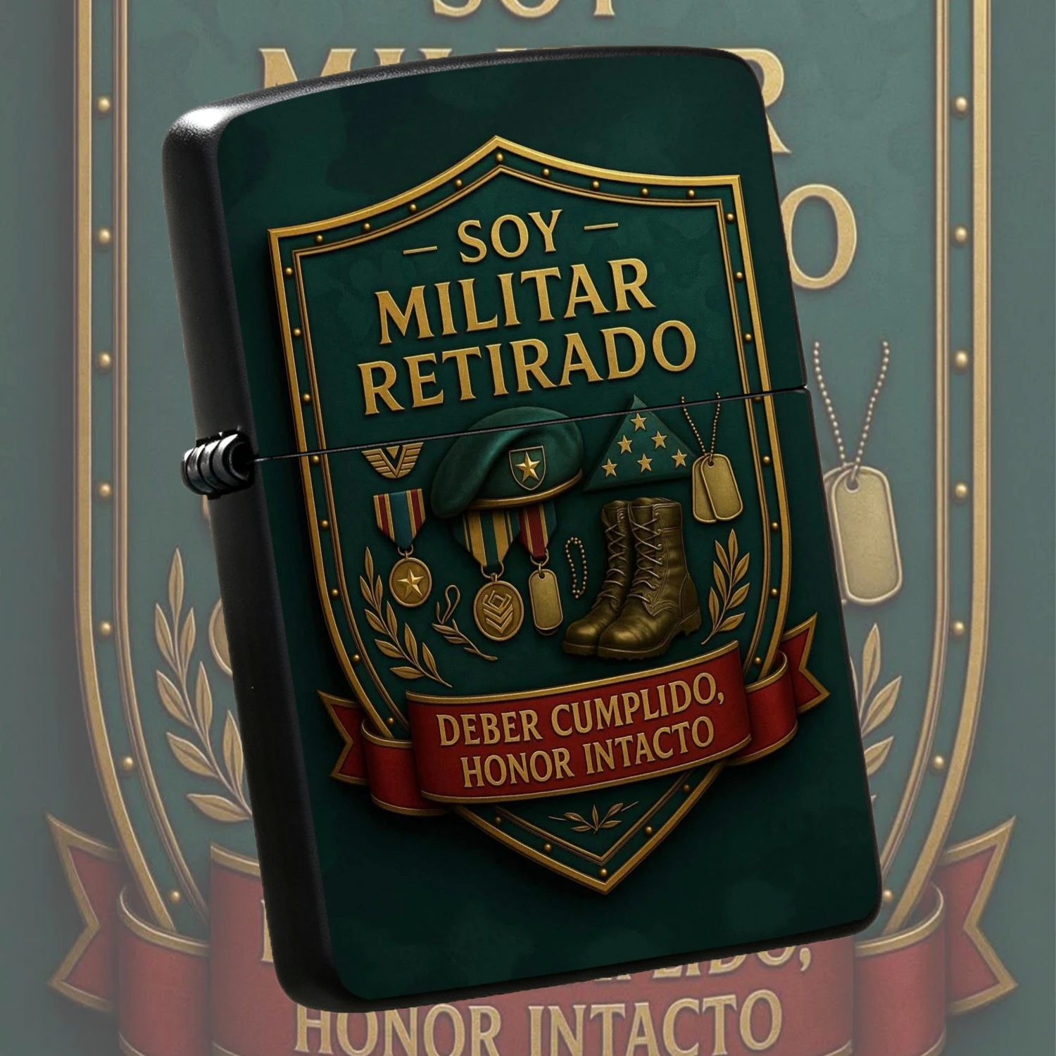 Veteran Retired Military Themed Pocket Lighter, Exquisite Green Gold Badge Embossed Craft, Duty Fulfilled Honor Intact Commemorative Gift, Portable Practical Accessory For Daily All Scenarios, Thoughtful Present To Honor Army Service Legacy