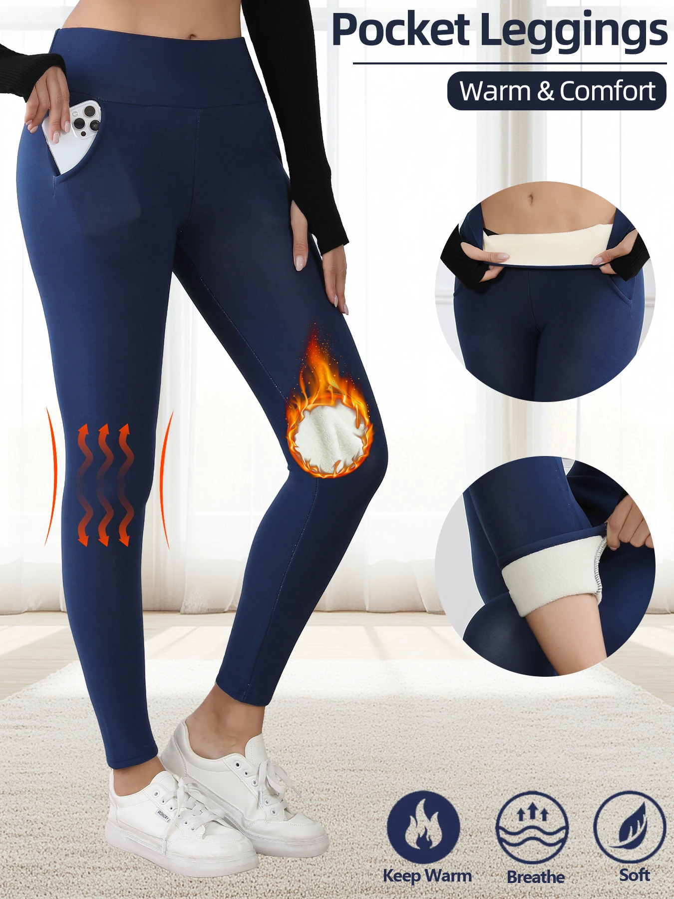 Winter Thermal Fleece Lined High Waisted Leggings With Pockets For Women Tummy Control Thick Warm Tights Workout Running