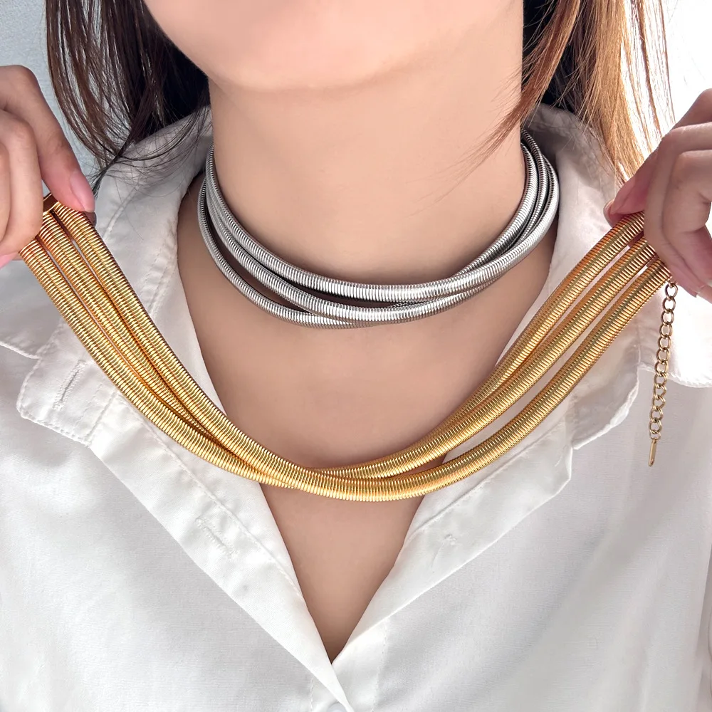 Stainless Steel Multi-layer Winding Chocker Necklace for Women Personality Elastic Snake Bone Neck Chain Jewelry Accessories