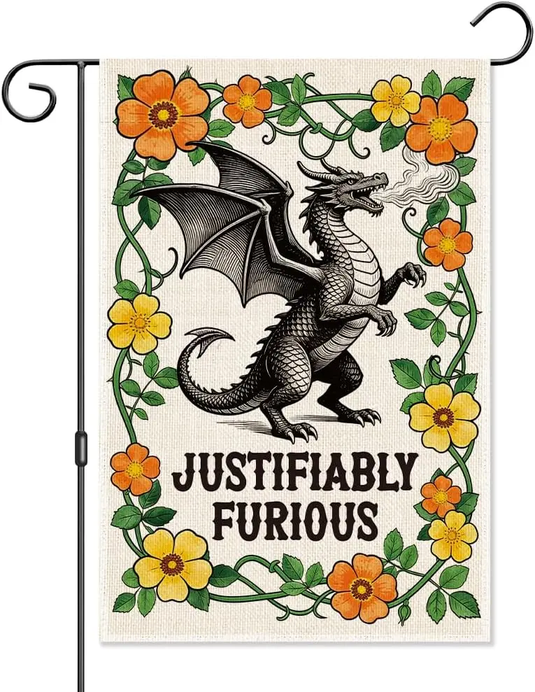 Justifiably Furious Garden Flag, Vintage Dragon Flag for Outside Lawn Porch, Floral Anti-Patriarchy Women Rights Yard Sign,  cci