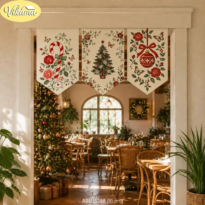 VIKAMA Christmas Beige Rose Butterfly Pennant Banner Candy Cane Tree Ornament Ball Red Floral Door Hanging Bedroom Living Room