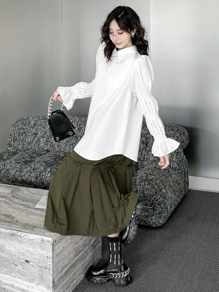 [EAM] Women White Big Size Casual Blouse New Lapel Long Lantern Sleeve Pleated Shirt Fashion Tide Spring Autumn 2024 1DH4459