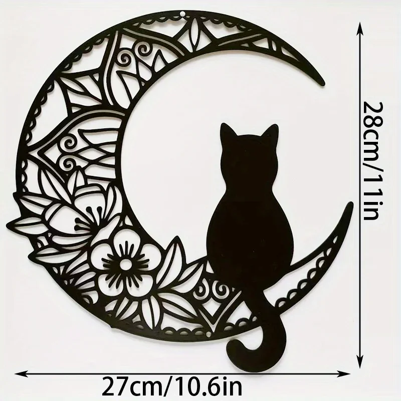 Black Cat On The Moon Wall Pediments, Cat And Moon Metal Wall Decor, Black Cat Wall Sculpture For Cats Lover, Home Decor