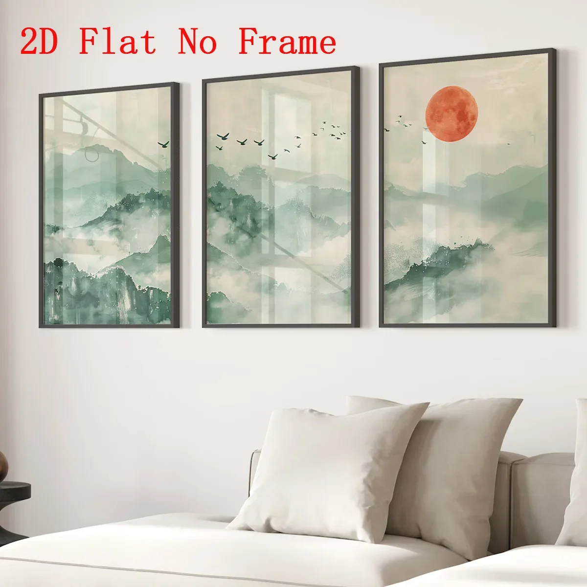 Multiple sizes 3pcs frameless Canvas Painting 3PCS Japanese Minimalist Style Sage Green Wall Art Set,Full Moon Mountain Scene Sr