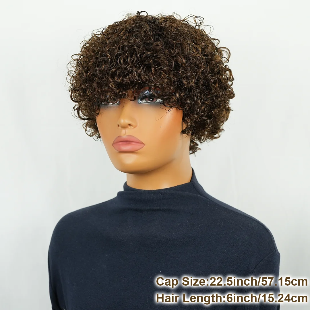 100% Human Hair Curly Wave Guleless Wig with Bangs