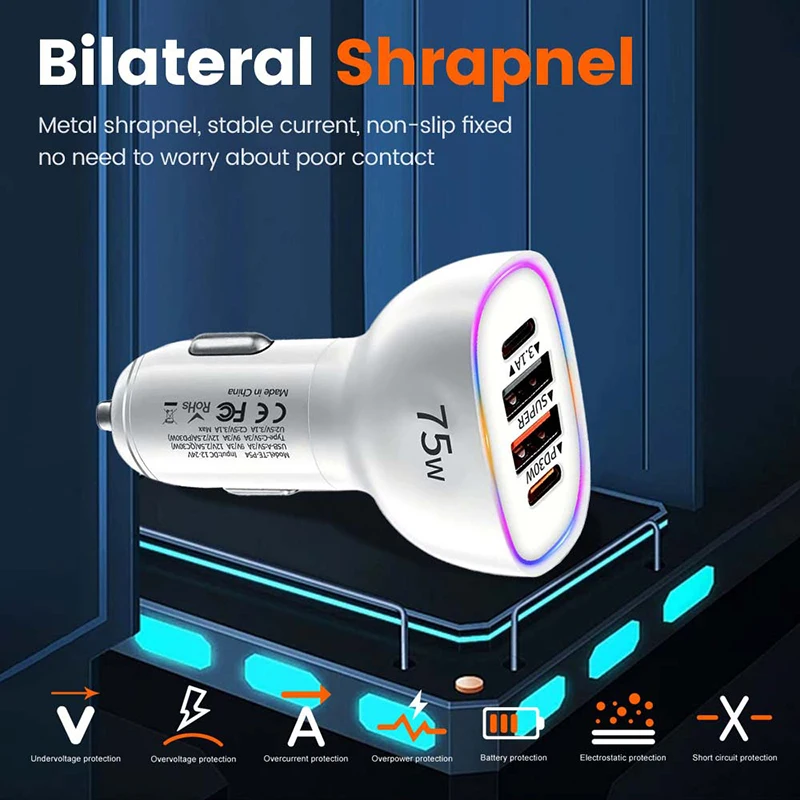75W Multiple Port Car Charger Adapter With RGB Ambient Light 4 Port Type C PD30W QC3.0 Fast Auto Charging For Smartphones