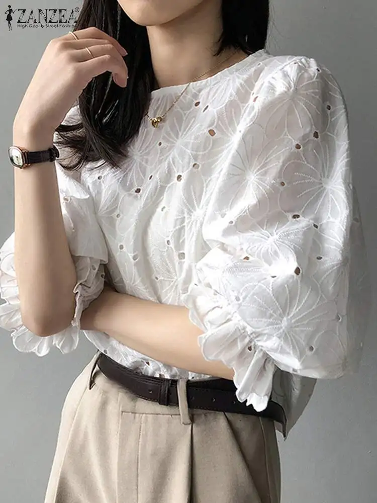 Elegant 3/4 Puff Sleeve Blouse ZANZEA Women Summer Lace Crochet Shirt Casual Work Blusas Stylish Hollow Out Tops Tunic Femme