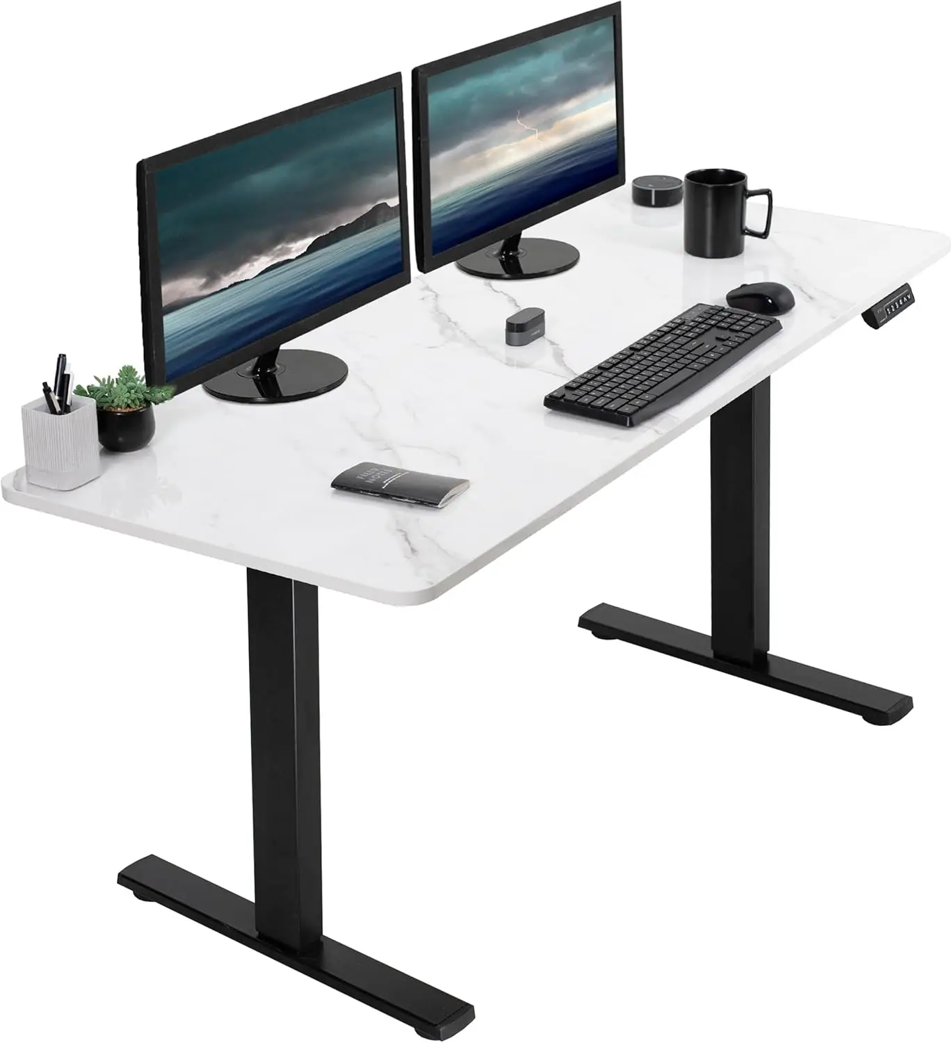 60 x 24 inch upright desk, desktop workstation, storage controller height adjustment, white marble pattern top, black frame