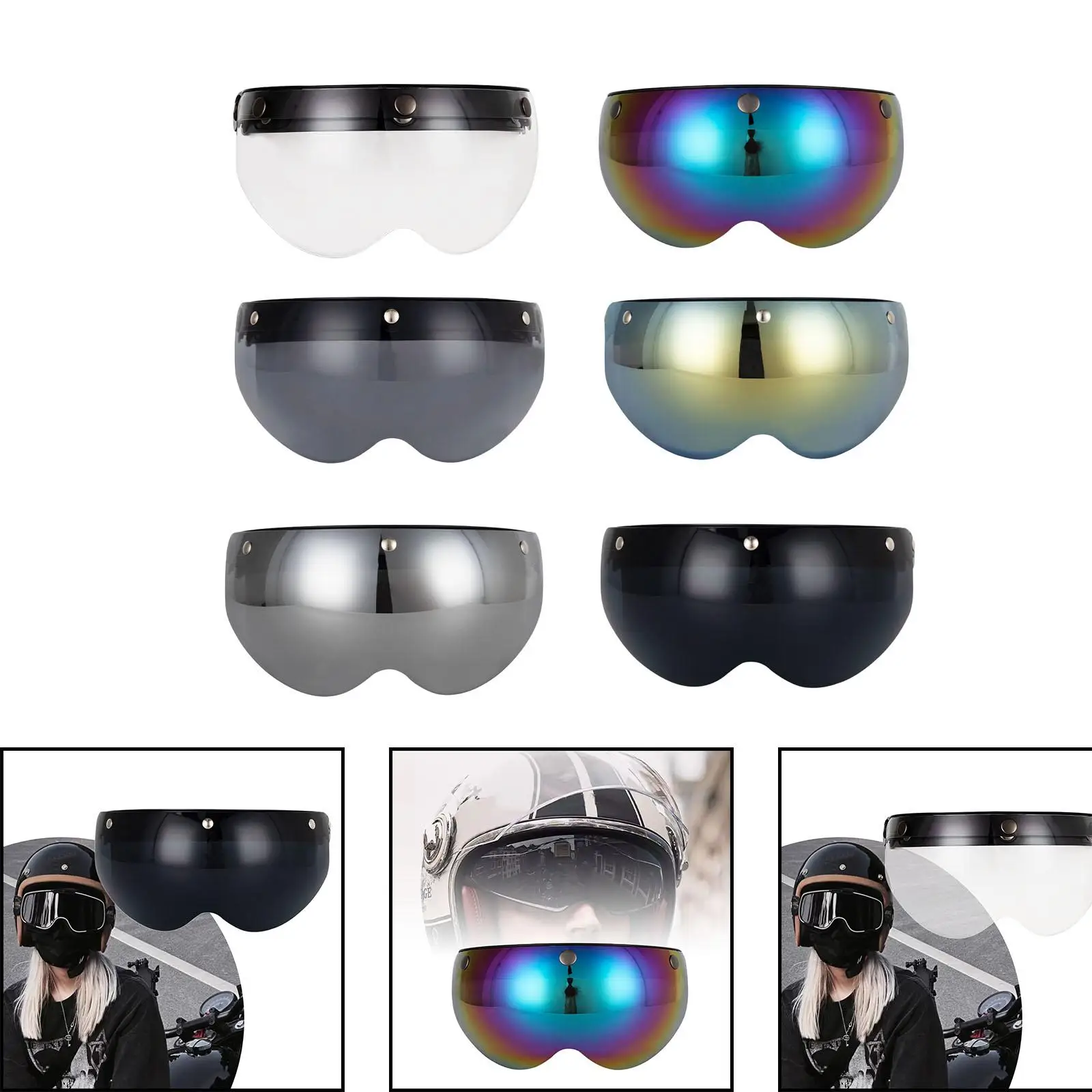 3 Snap Motorcycle Helmet Visor PC Lens Wind Shield Easy Mount Face Shield for Universal Open Face Use
