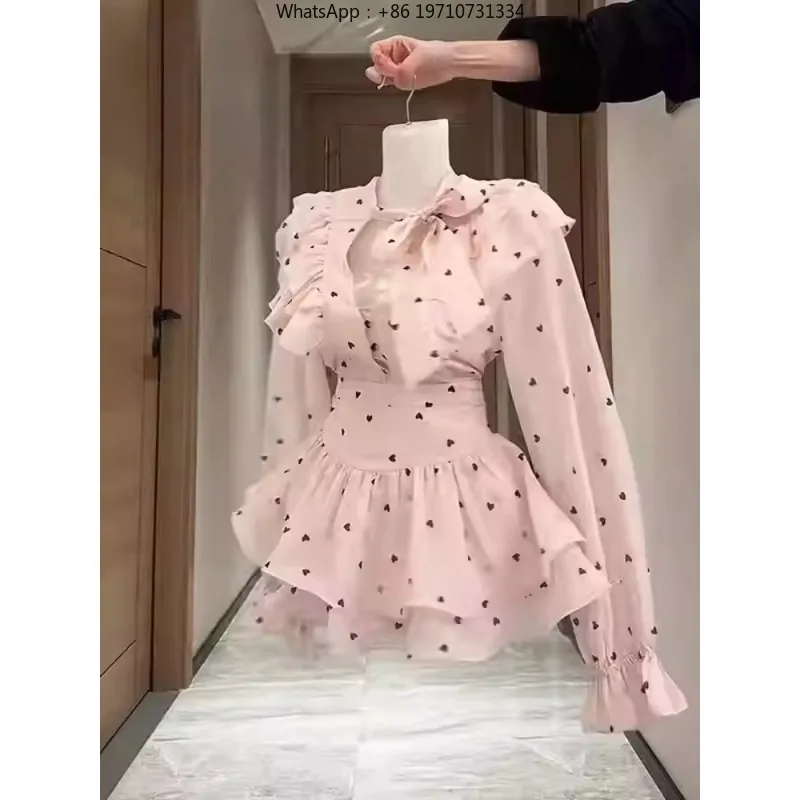 Women Vintage 2 Piece Outfit Polka Dot Shirt and Skirt Spring Matching Set