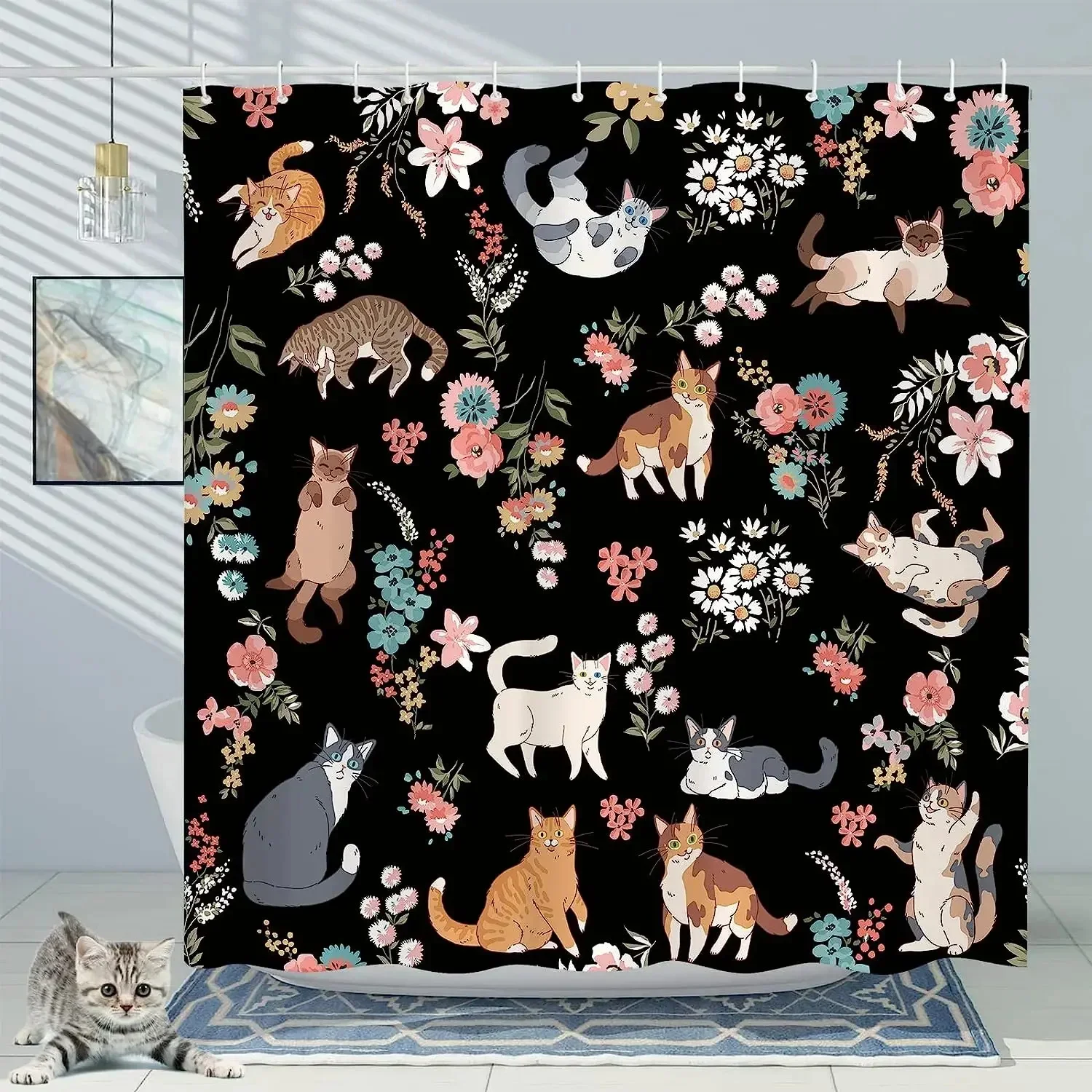 Funny Cats Shower Curtains Cute Animal Floral Bath Curtain Modern Waterproof Polyester Cloth Home Bathroom Decoration With Hooks