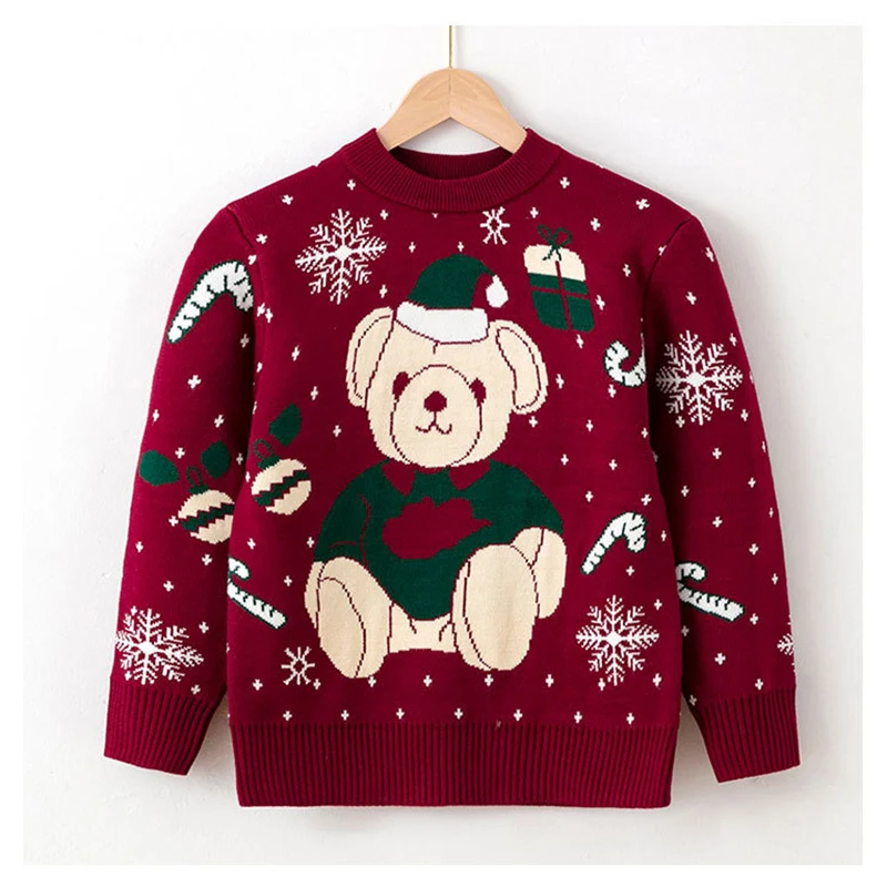 2023 New Winter Keep Warm Boys Girls Sweater 2 Color Cartoon Bear Knitted Shirt For Kids Children Christmas Present