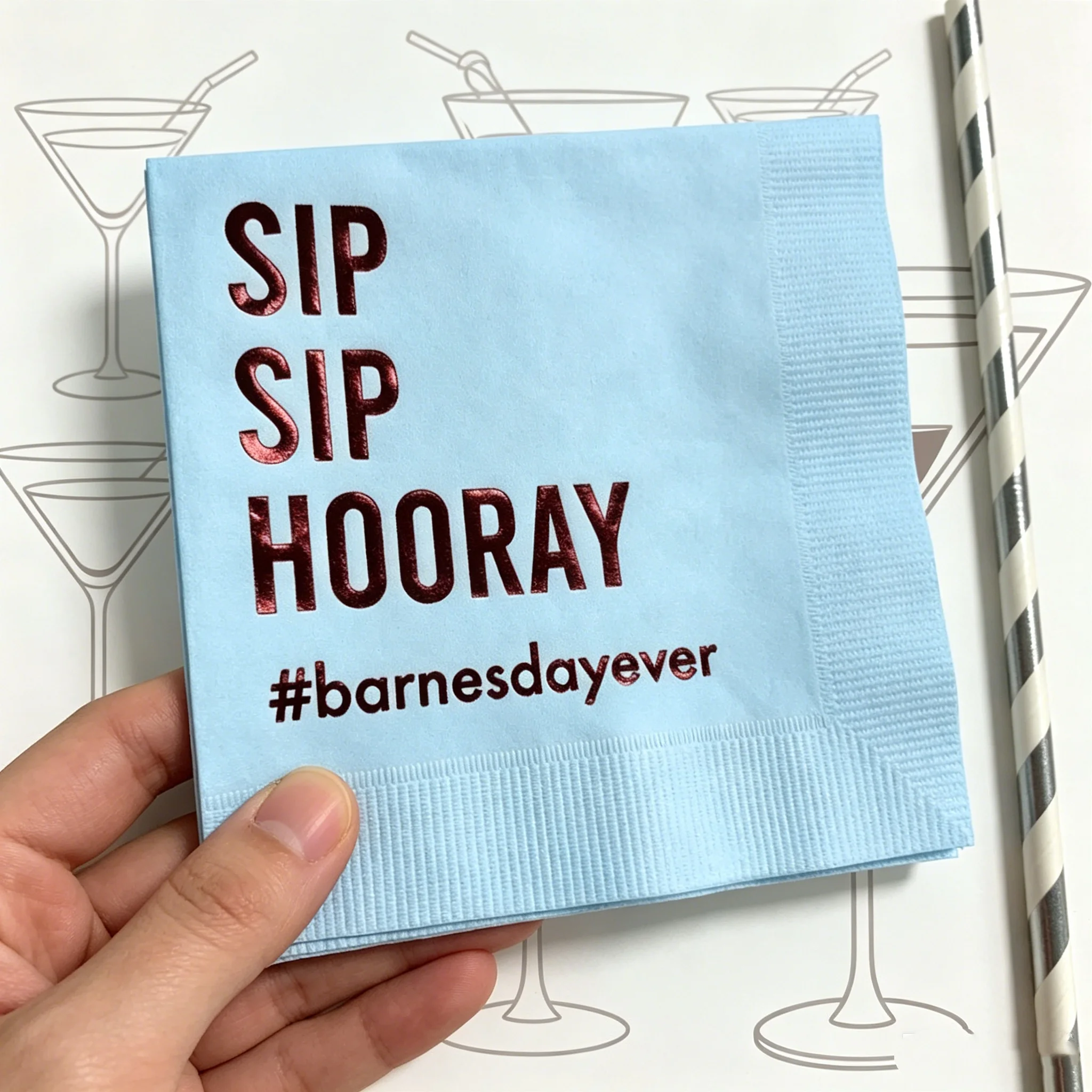 

50pcs Custom "Sip Sip Hooray" Cocktail Napkins, Personalized Hashtag Printed Beverage Napkins for Bachelorette Party, Wedding, B
