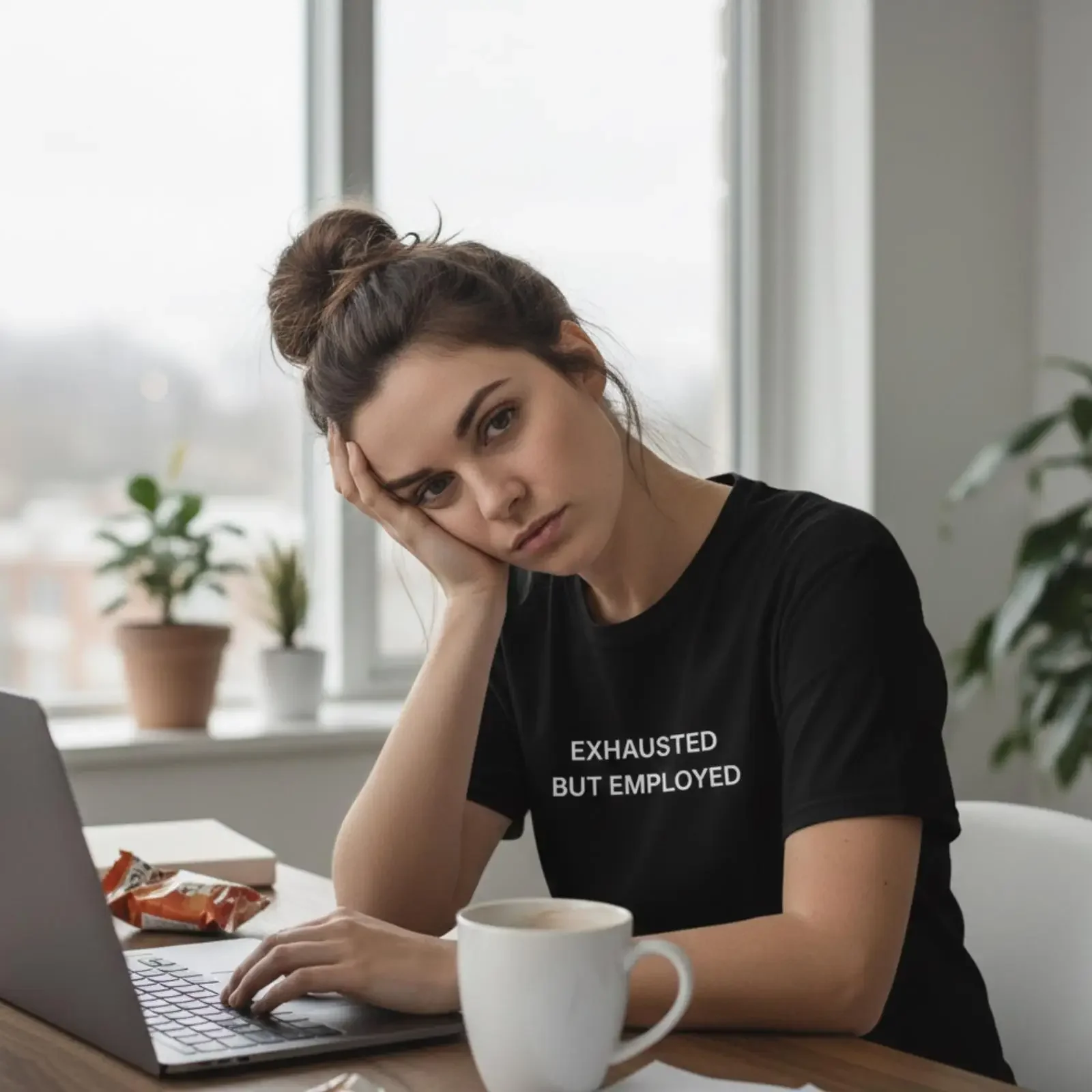 Exhausted But Employed T Shirt Funny Work Humor Minimalist Quote for Coworker vintage Washed Stretched Unisex Comfortable