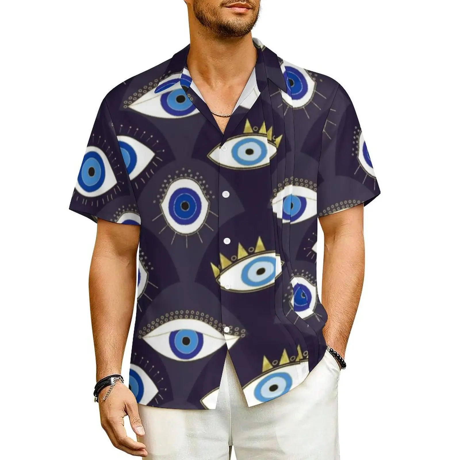 

Evil Eye Print Beach Shirt Protect Me Hawaii Casual Shirts Men Vintage Blouses Short-Sleeve Street Style Design Clothing