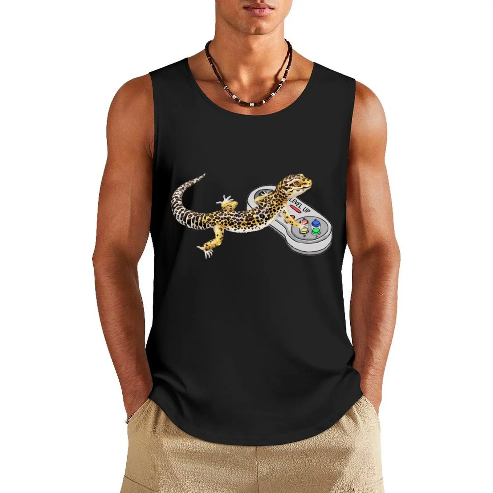 Leopard Gecko Playing Video Game Tank Top T-shirt Men's gym fitness clothing for men bodybuilding men