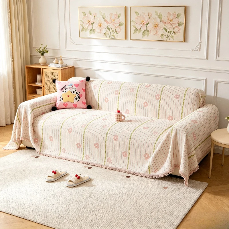 Flower Printed Fringe Sofa Towel Multifunctional Shawl Knee Blanket Suitable For Home Comfort L-Shaped Sofa Cover