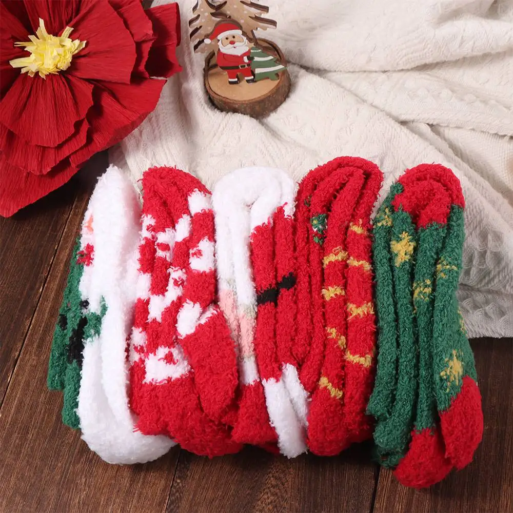 

5Pairs Cute Cartoon Christmas Fleece Socks Plush Snowman Sleeping Socks Women Hosiery Thicken Winter Floor Socks Girls