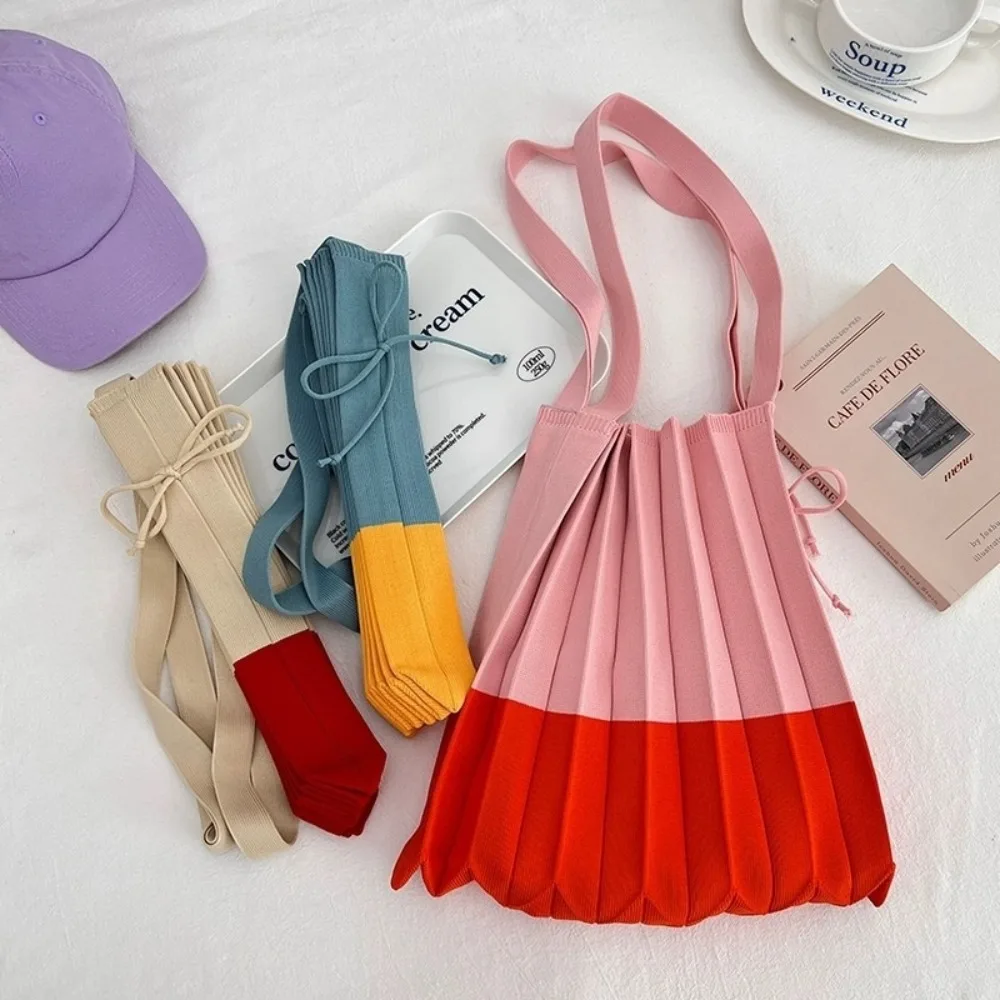 

Handbag Knit Folding Shopping Bag Large Capacity Eco-Friendly Foldable Eco Bag Shoulder Pouch Contrast Color Pleated Bag Outdoor