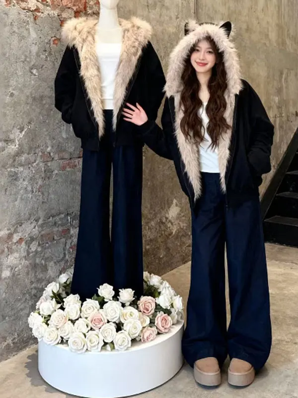 

Korean Sle Cute Hooded Cotton Jaet Faionable Chic Spring Outerwear for Small Figures Beautiful And Sli