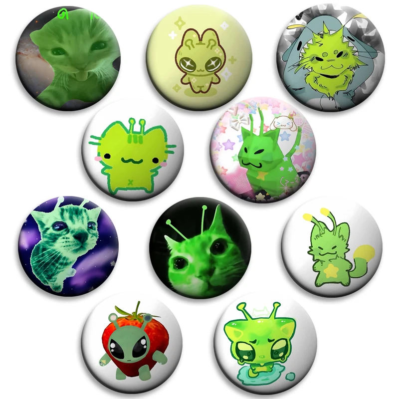 58mm G-Green Alien Cat Creative Badges Tinplate Round Brooch Metal Soft Button Pins for Clothes Decoration Bag Accessories Gifts