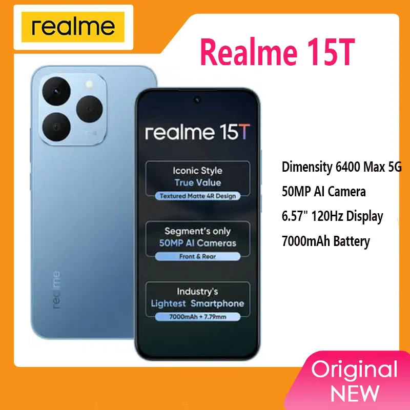 هاتف Realme 15T غير مقفول 6.57 بوصة 120 هرتز MTK Dimensity6400 Max 60W شاحن فائق 7000Mah 50MP NFC الإصدار الصيني