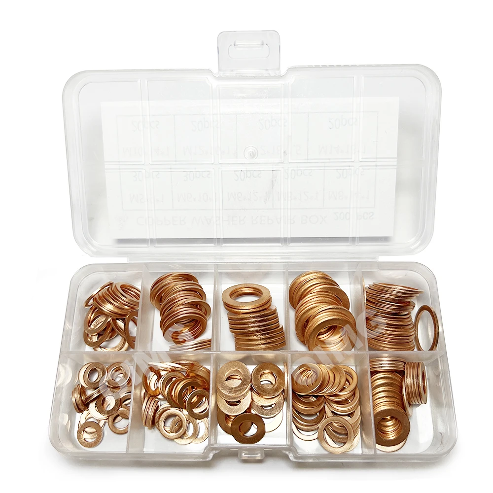 200/100Pcs Copper Washers Flat Ring Sump Plug Oil Seal Gasket Copper Flat Washers for Automotive M5 M6 M8 M10 M12 M14