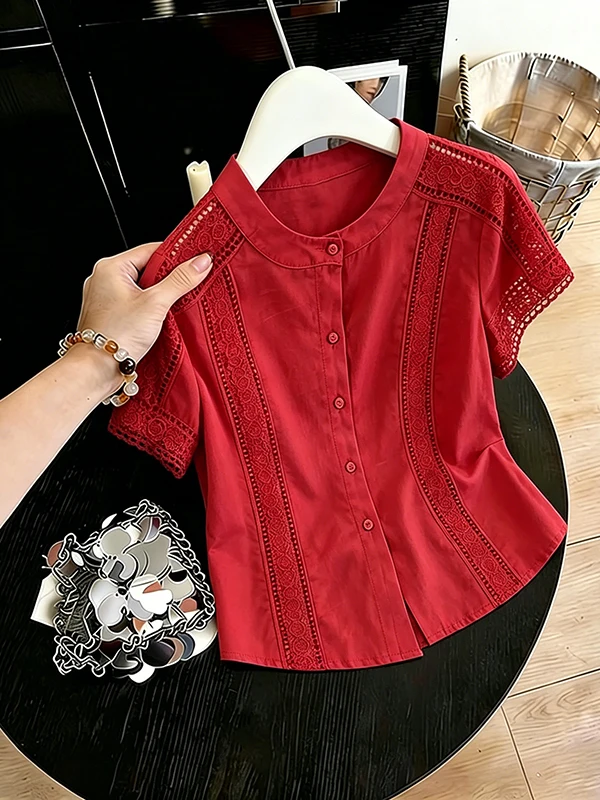 

plus Size Casual Red Lace Shirt Women's Summer New Loose Slimming Versatile Top Hollow out round Neck Short Sleeve Color