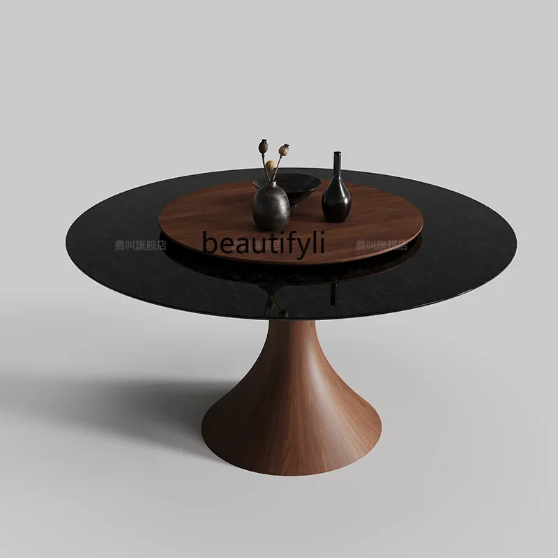Italian Minimalist Solid Wood Dining Table with Turntable Home Antique Style Black Natural Marble Round Table