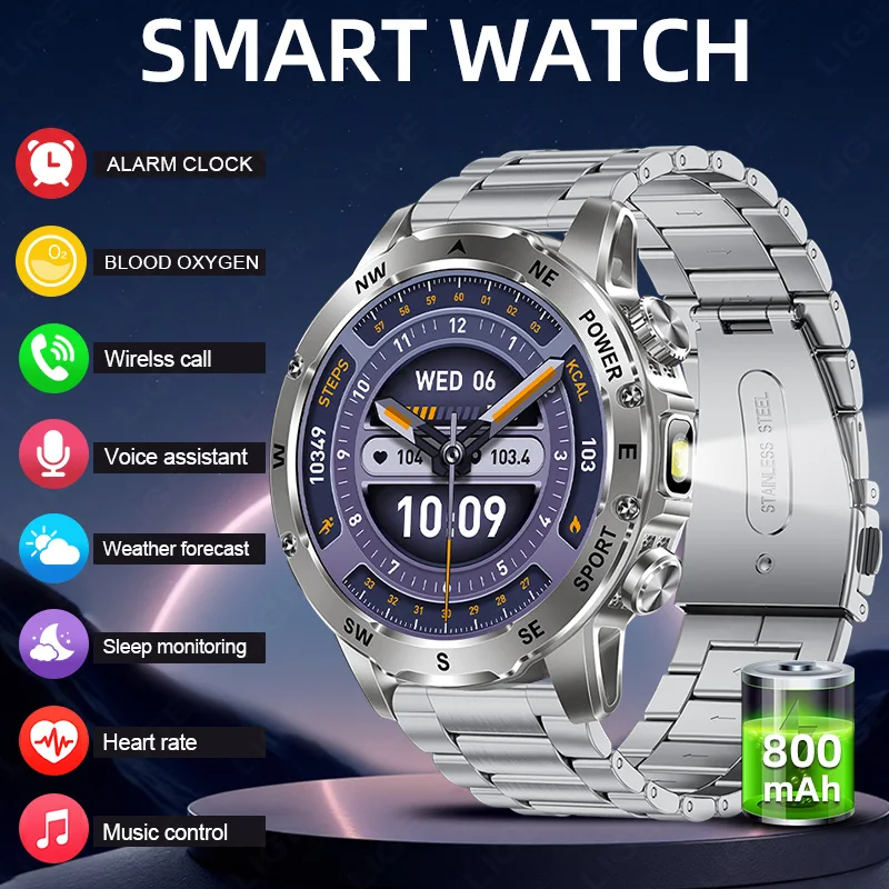 

Смарт-часы LIGE 2026 для мужчин: звонки по Bluetooth, аккумулятор 800 мАч, мониторинг сердечного ритма и здоровья, водонепроницаемость IP68, компас