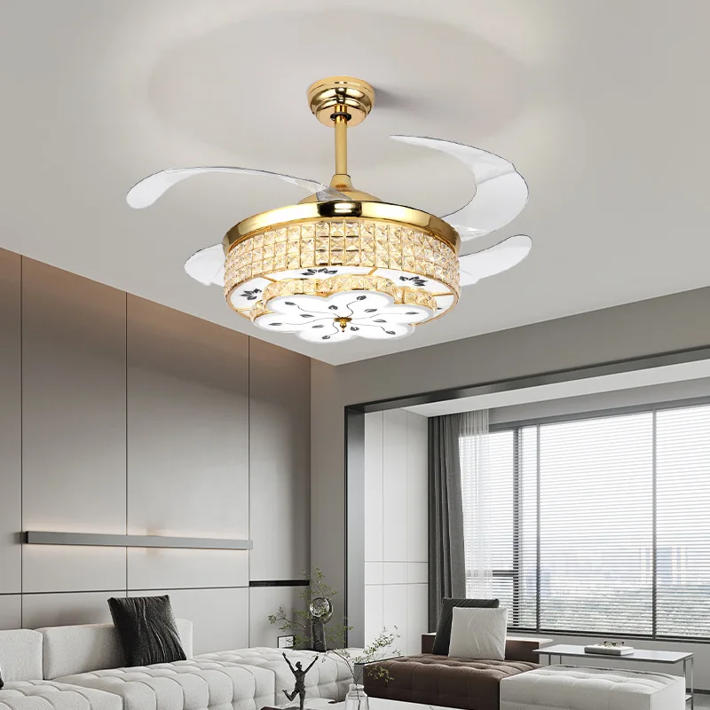 Crystal Ceiling Fan Lamps Home Living Dining Room Electric Fan Pendant Lights Luxurious Invisible Indoor LED Lighting Fixtures