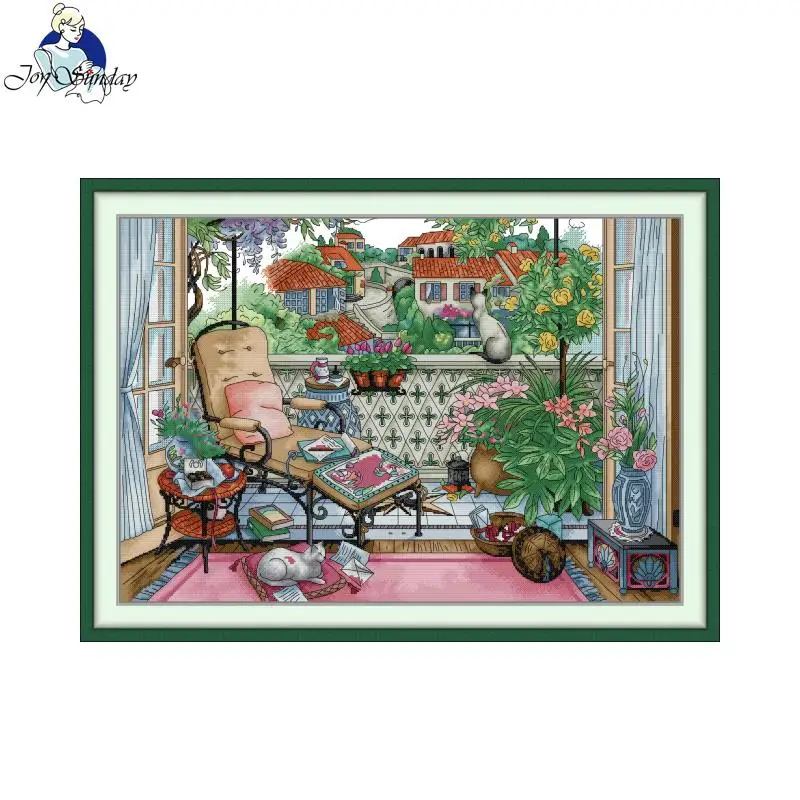 cross-stitch-kit-joy-sunday-the-balcony-in-spring-hd-printed-counted-fabric-aida-16ct-14ct-11ct-diy-embroidery-kit-with-gift-new