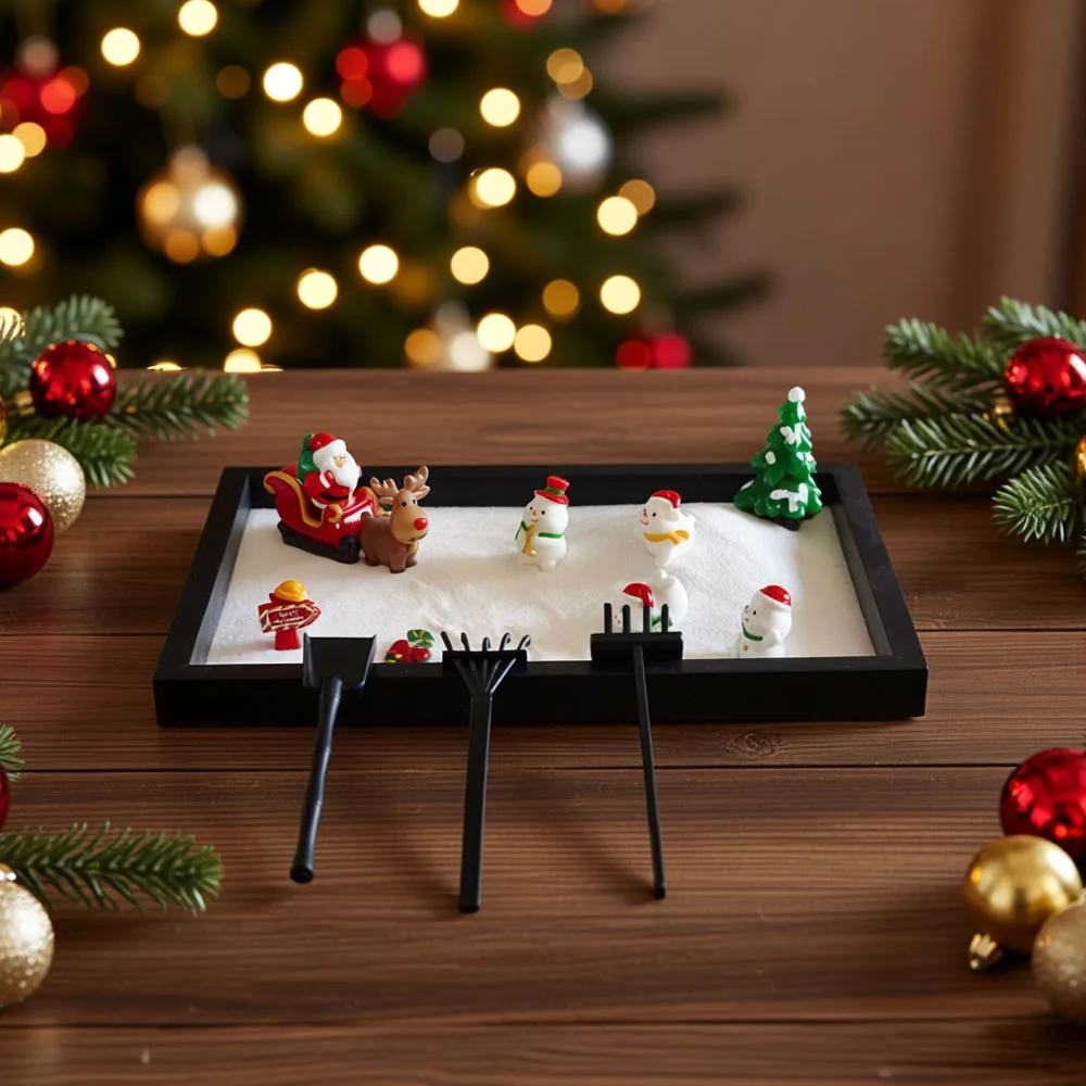 Festive Christmas Sand Table Decor Set Mini  Snow Sleigh Scene with Santa, Reindeer, Snowmen for Home Office Desk Gift