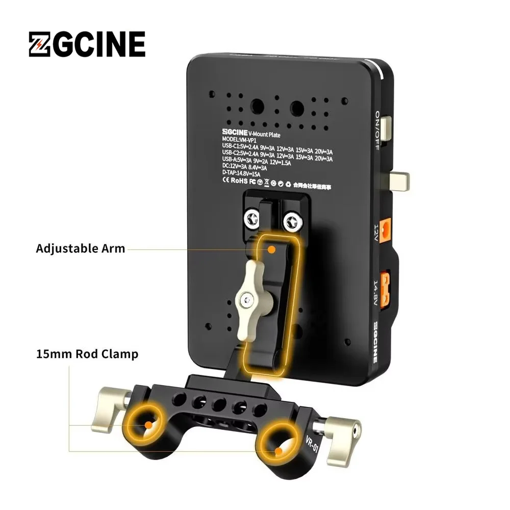 ZGCINE VM-VP2 Kit1 V-Mount Battery Plate with Clamp Support USB-C PD Input Output/DC/D-TAP/LEMO Output for DSLR Camera Camcorder