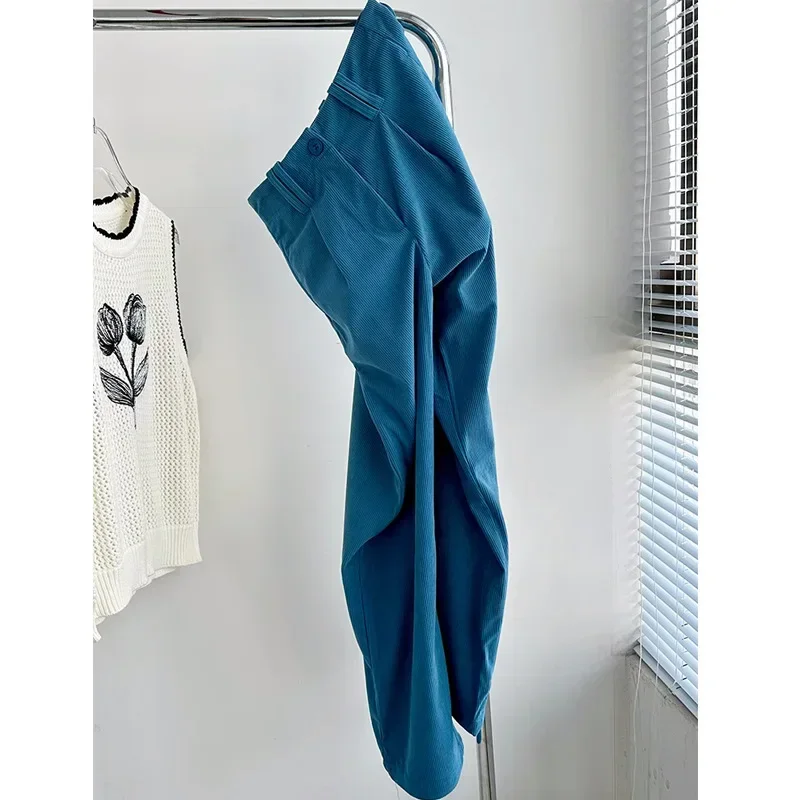 Pop Retro Blue Corduroy Straight Leg Pants Women's Spring Autumn New Style Versatile Commute God Pants Long Nine Points Five Poi